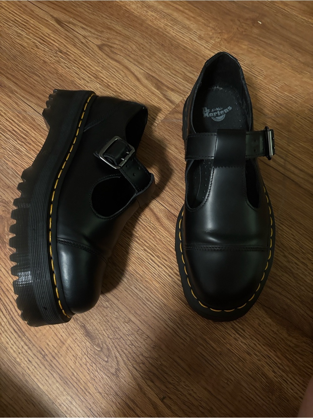 Dr. Martens Black Mary Jane Shoes with Yellow Stitching